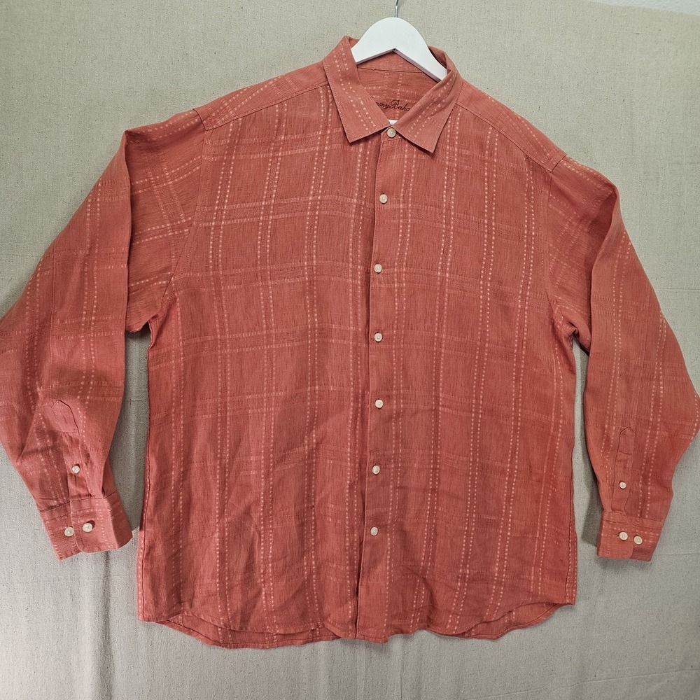 TOMMY BAHAMA Corsica Stitched Plaid Men's XL Orange Button Up 100% Linen T31947 - Picture 2 of 9
